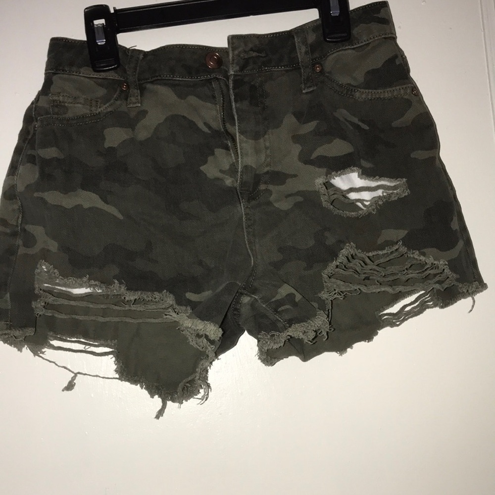 Green Distressed Jean Shorts with Camouflage Pattern